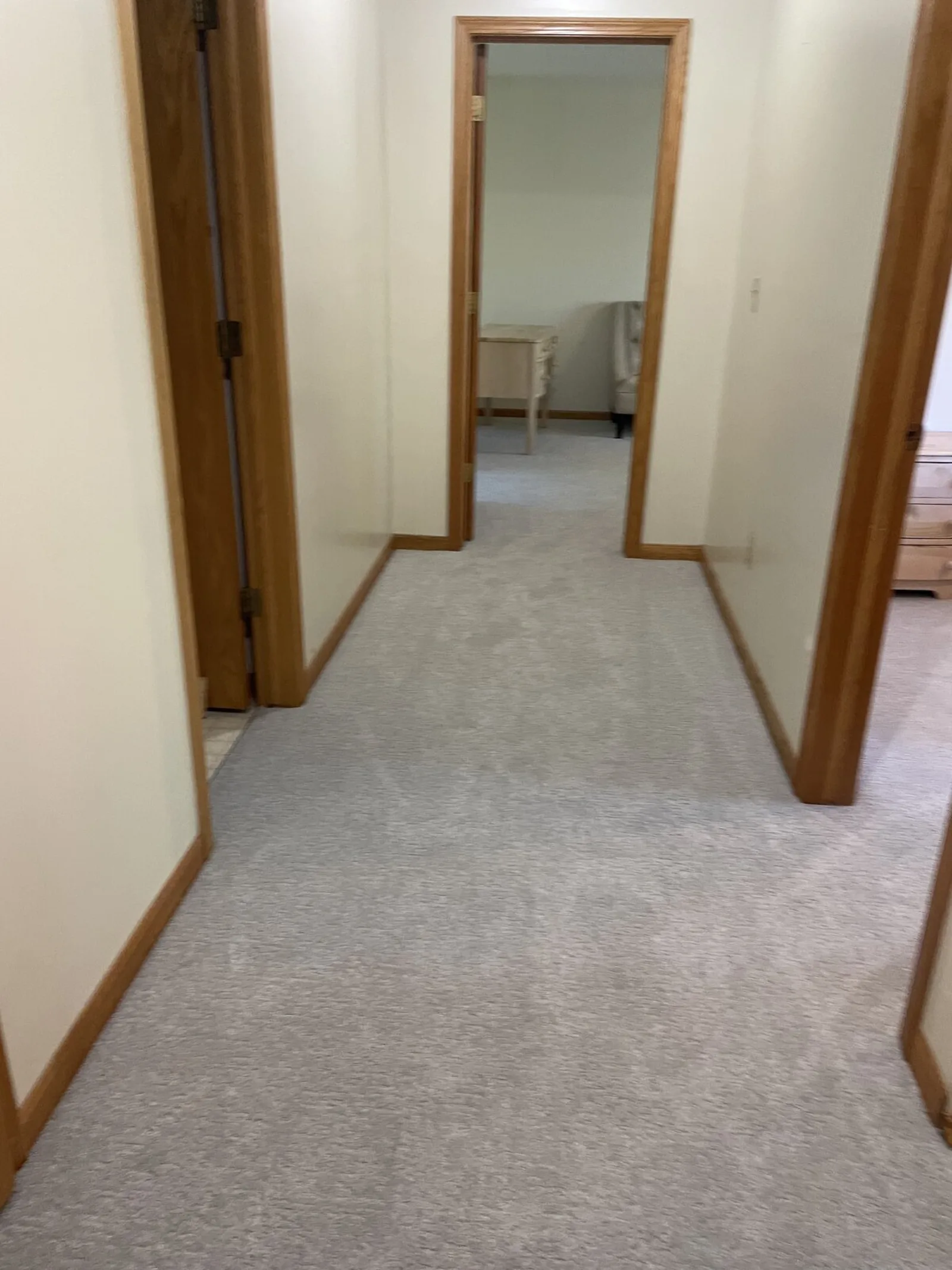 Carpeted hallway into a bedroom